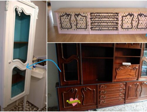 Aprovechamiento de la boisserie de la abuela para generar dos muebles: aparador estilo nórdico y vitrina romántica